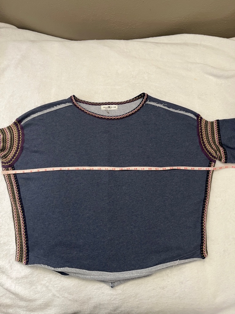 Natural Life Boho Oversized Knit Trim Sweatshirt Blue S/M Raw Hem - Picture 6 of 13